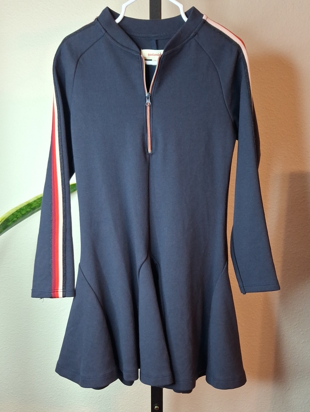 Catimini Navy Dress with Red & Pink Sleeve Stripes Size 6